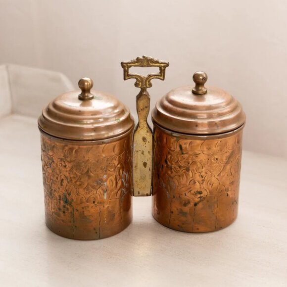 Medium Copper Silver Tone Caddy with Attached 2 Canisters (Brass Center) - Picture 1 of 5